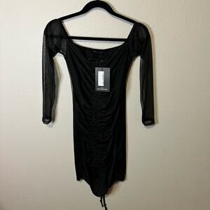 NWT PrettyLittleThing Black Long Sleeve Ruched Mini Dress Size 8